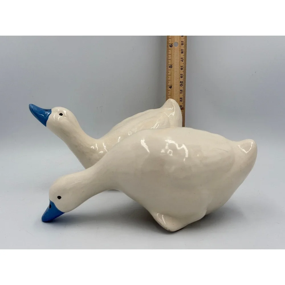 Ceramic Duck Figurines Set of 2 Cream Blue Beak Farmhouse Cottage Decor 7